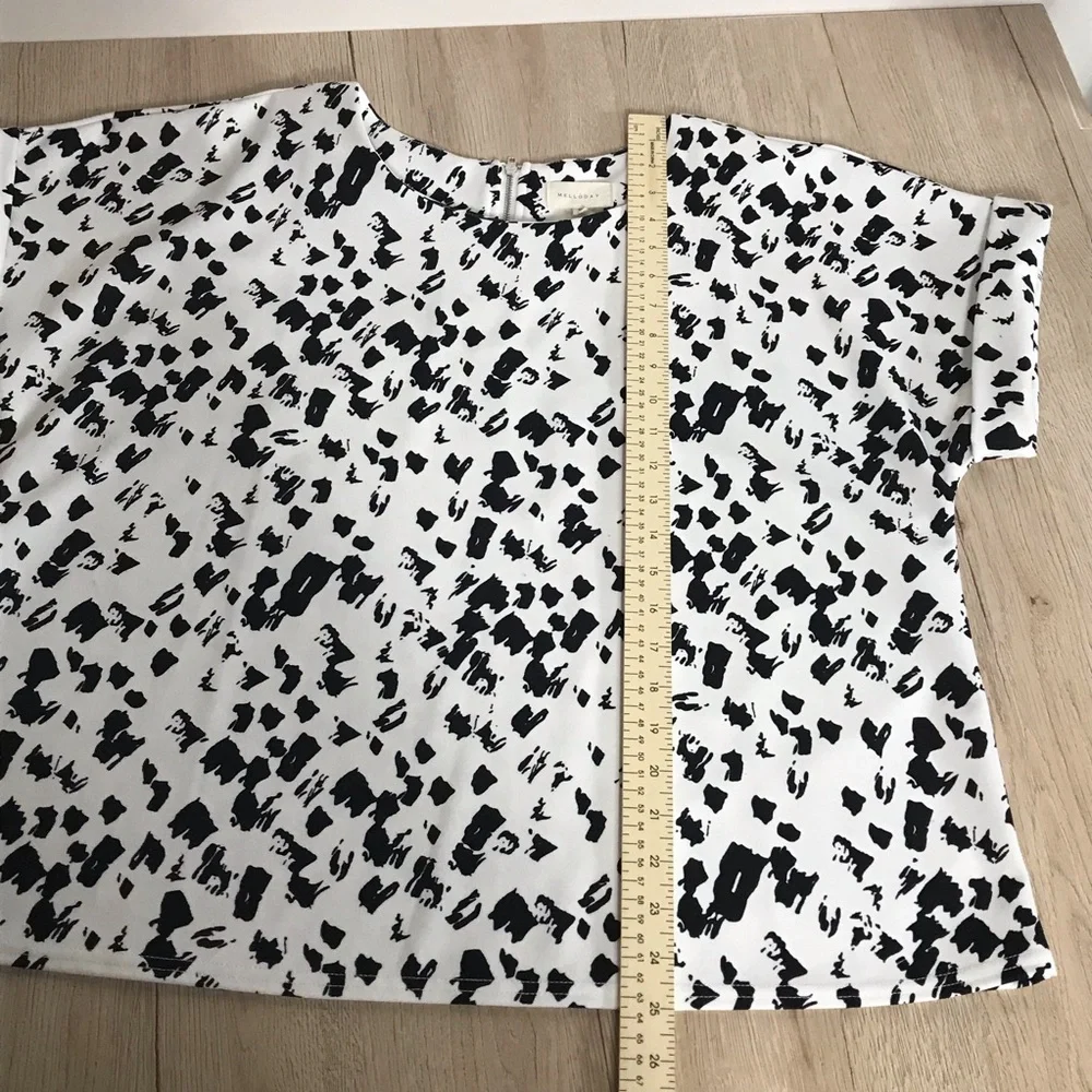 Melloday Short Sleeve Stretch Blouse Top White Black Print Size XL - Picture 9 of 11